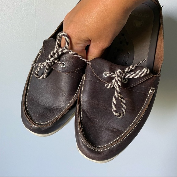 Crocs Brown Leather Slip on Mules Boat Comfort Slides Size 9 - Picture 4 of 11